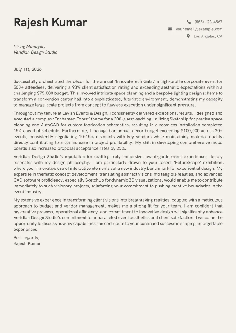 Event Decorator cover letter example