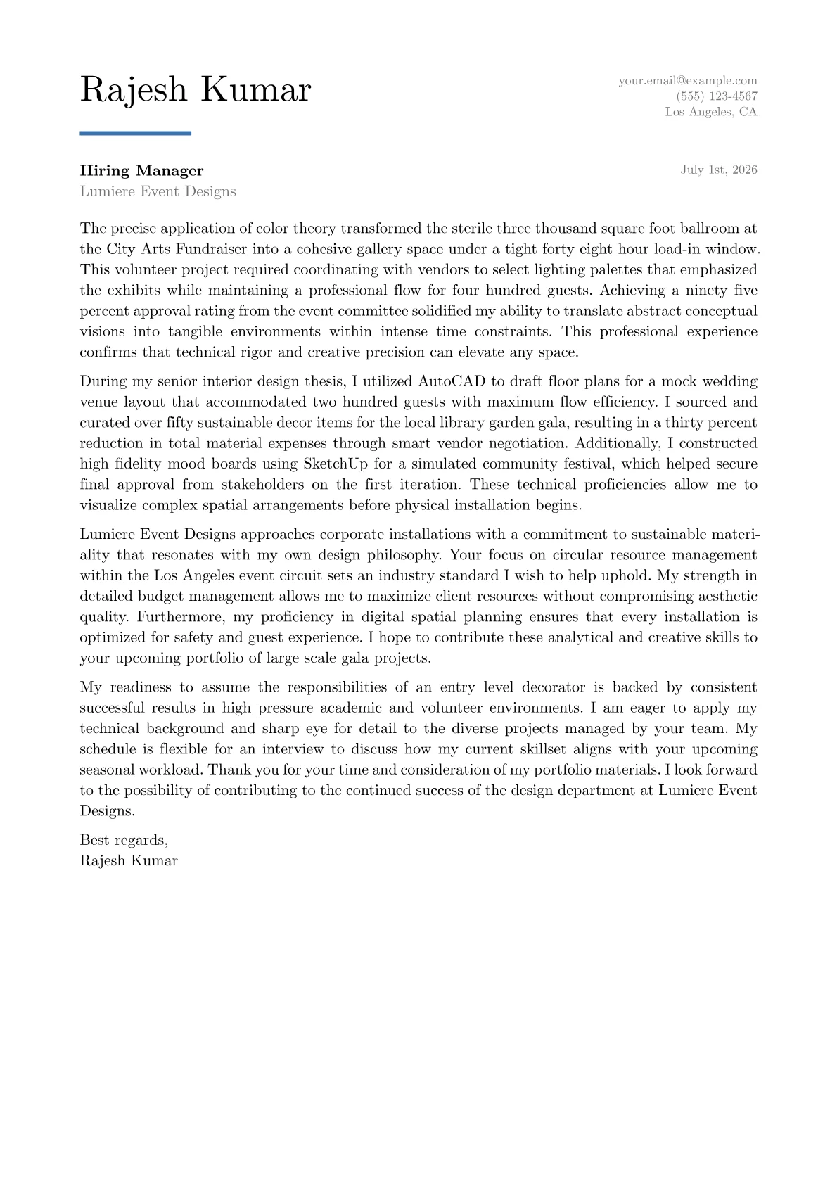 Event Decorator cover letter in the Executive design
