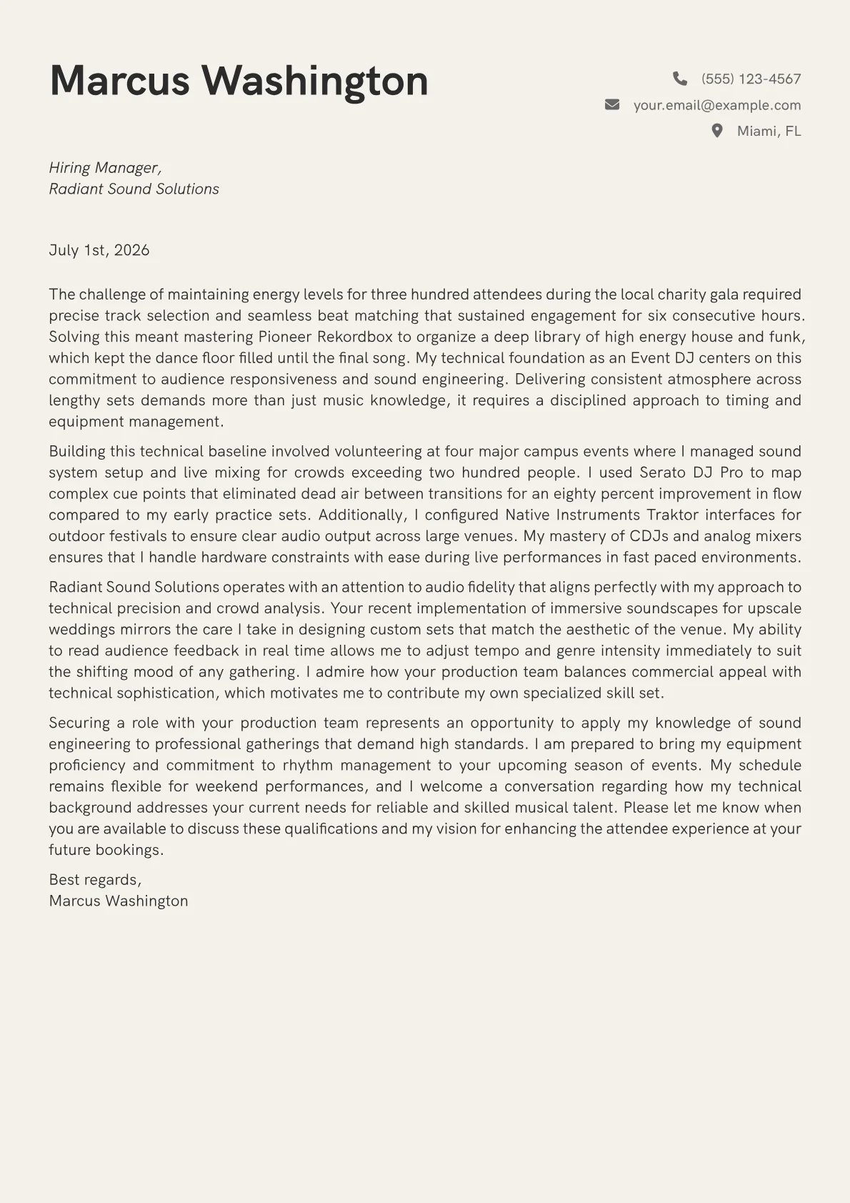 Event DJ cover letter in the Creative design