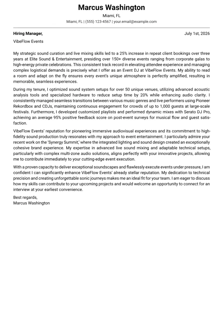 Event DJ cover letter example preview
