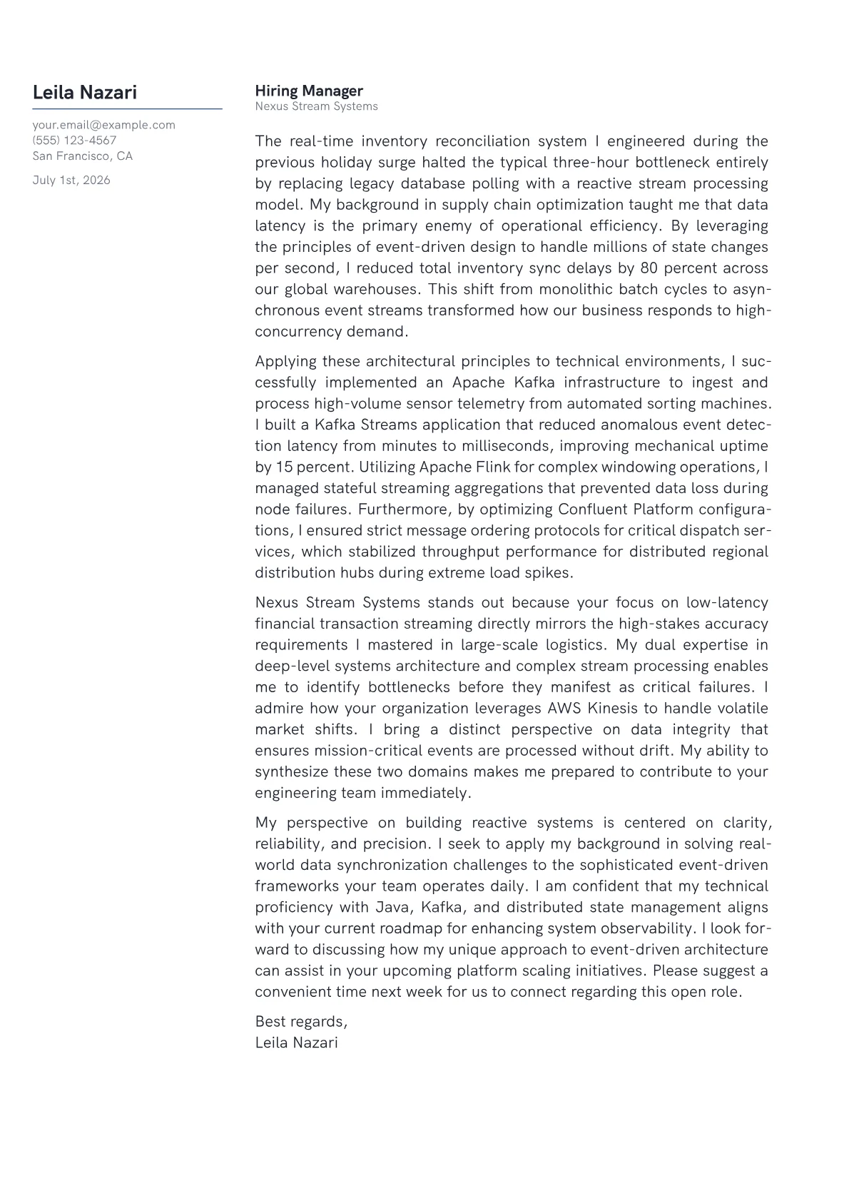 Event-Driven Architecture Engineer cover letter in the Margin design