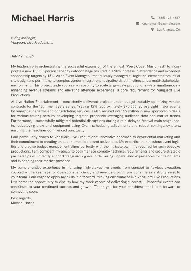 Event Manager Cover Letter Example