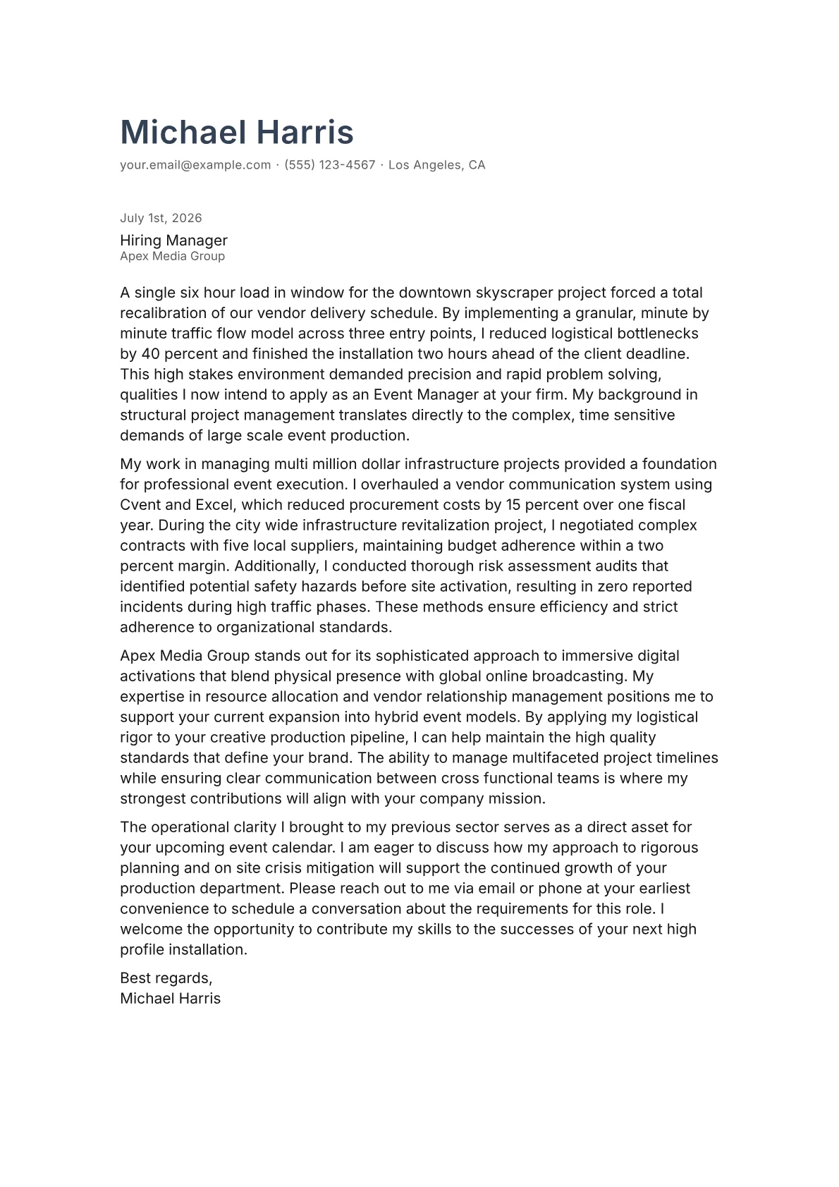 Event Manager cover letter in the Minimal design