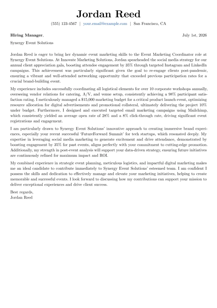 Event Marketing Coordinator cover letter example preview