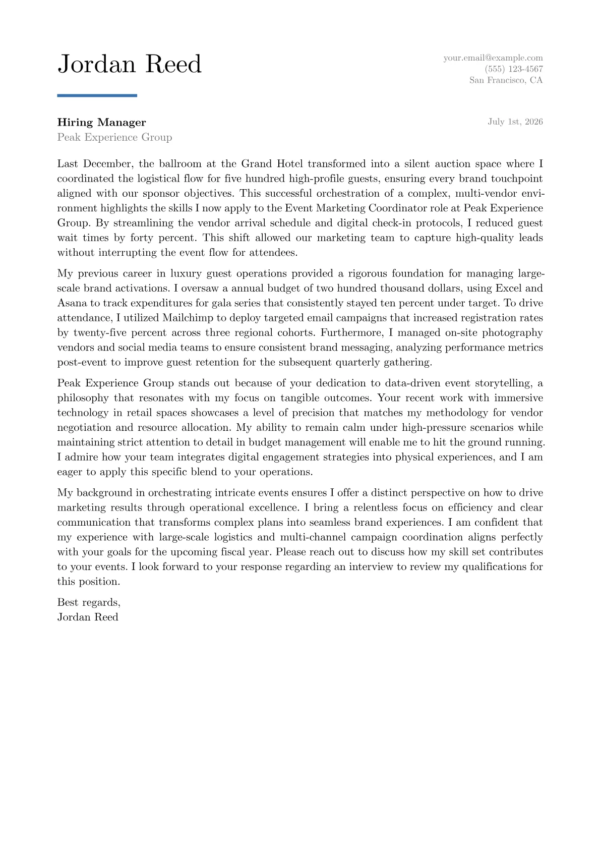 Event Marketing Coordinator cover letter in the Executive design