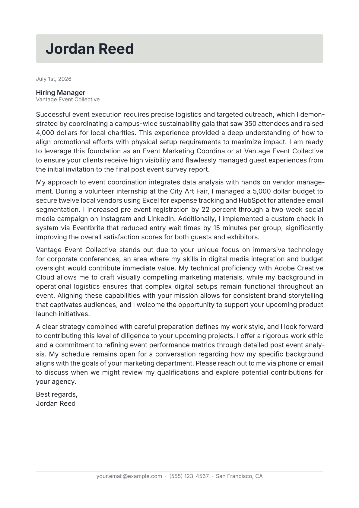 Event Marketing Coordinator cover letter in the Letterhead design