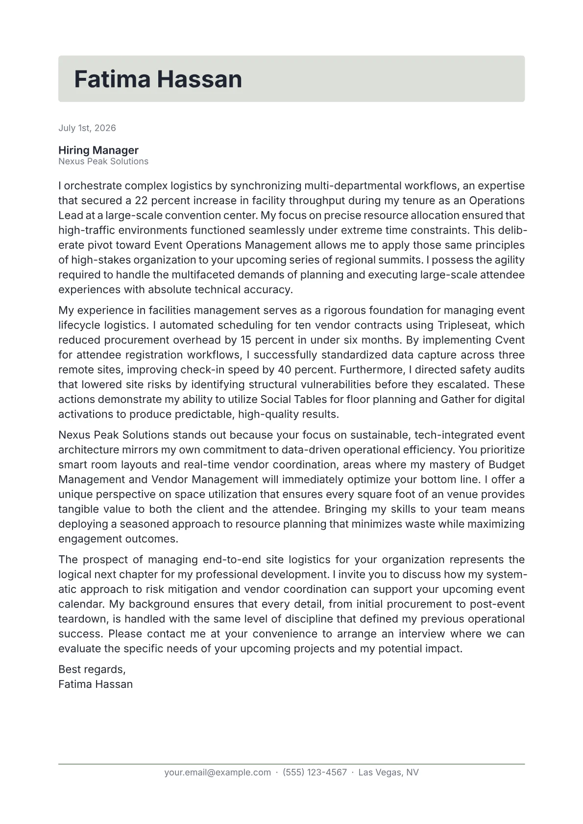 Event Operations Manager cover letter in the Letterhead design
