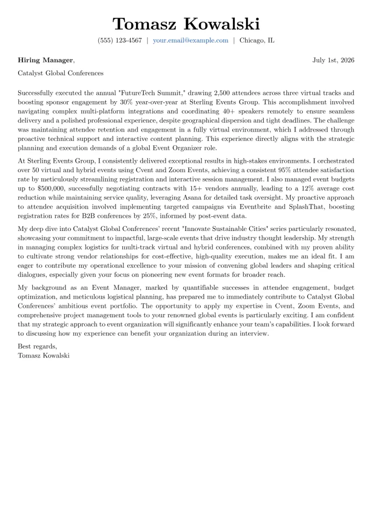 Event Organizer Cover Letter Example
