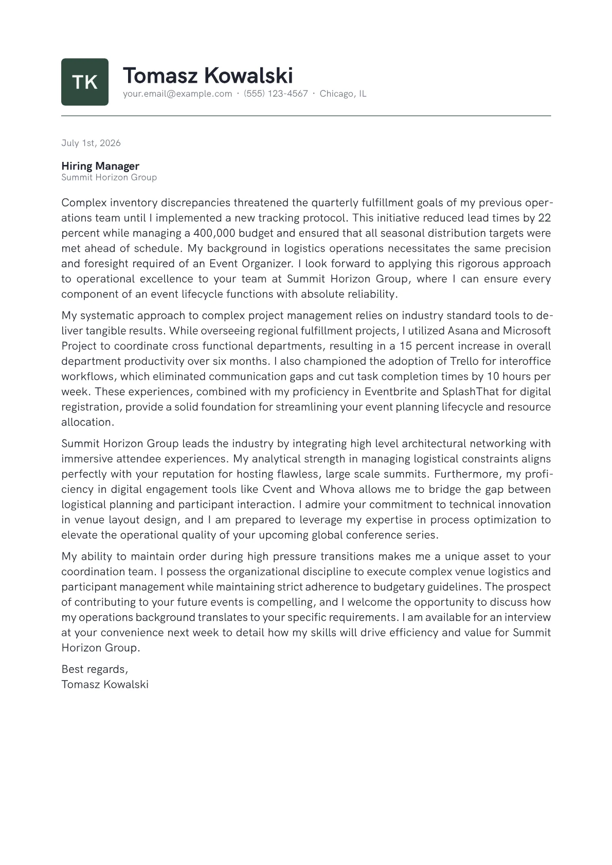 Event Organizer cover letter in the Emblem design