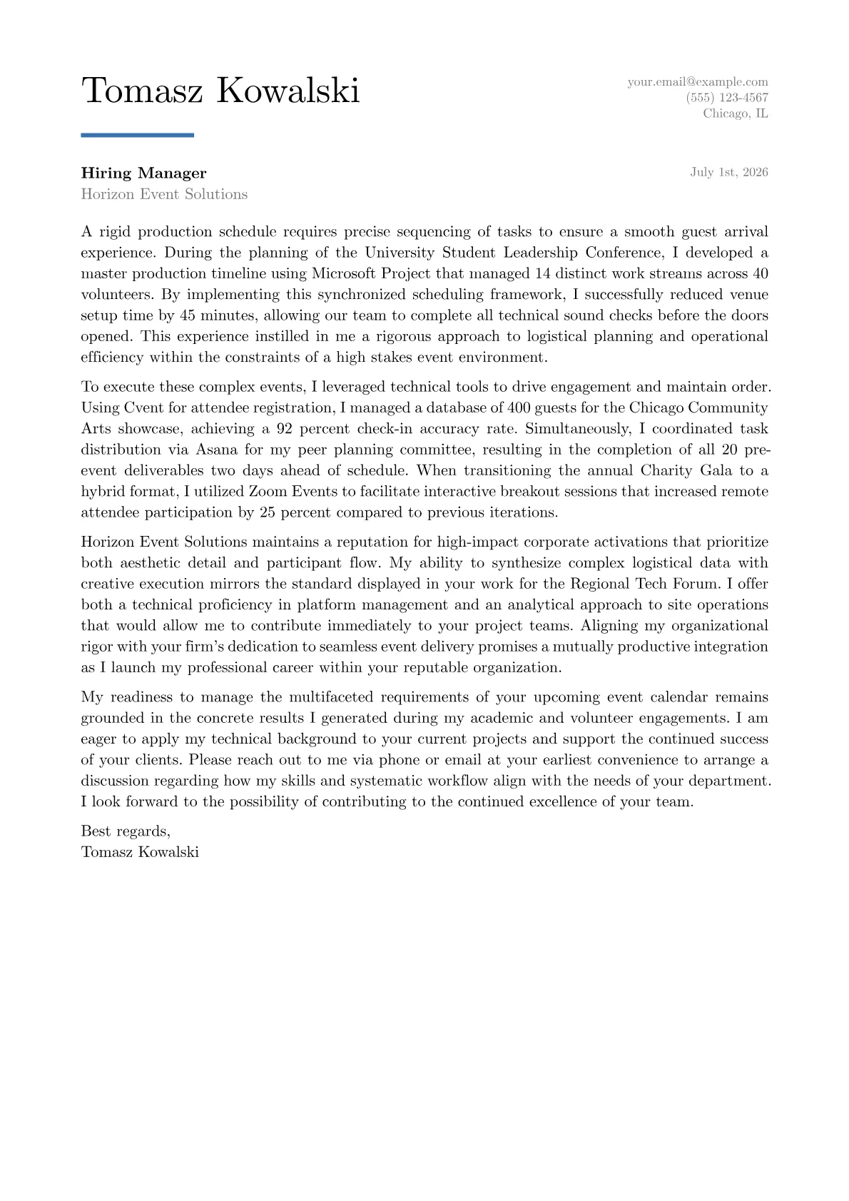Event Organizer cover letter in the Executive design