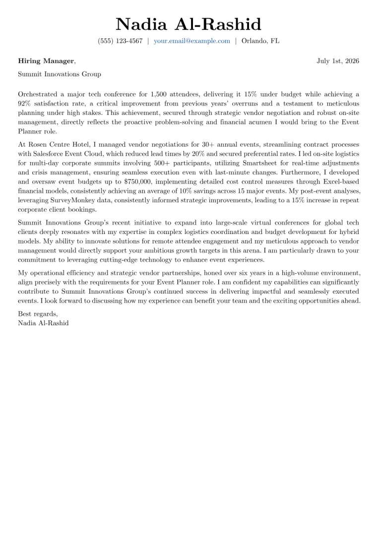Event Planner Cover Letter Example