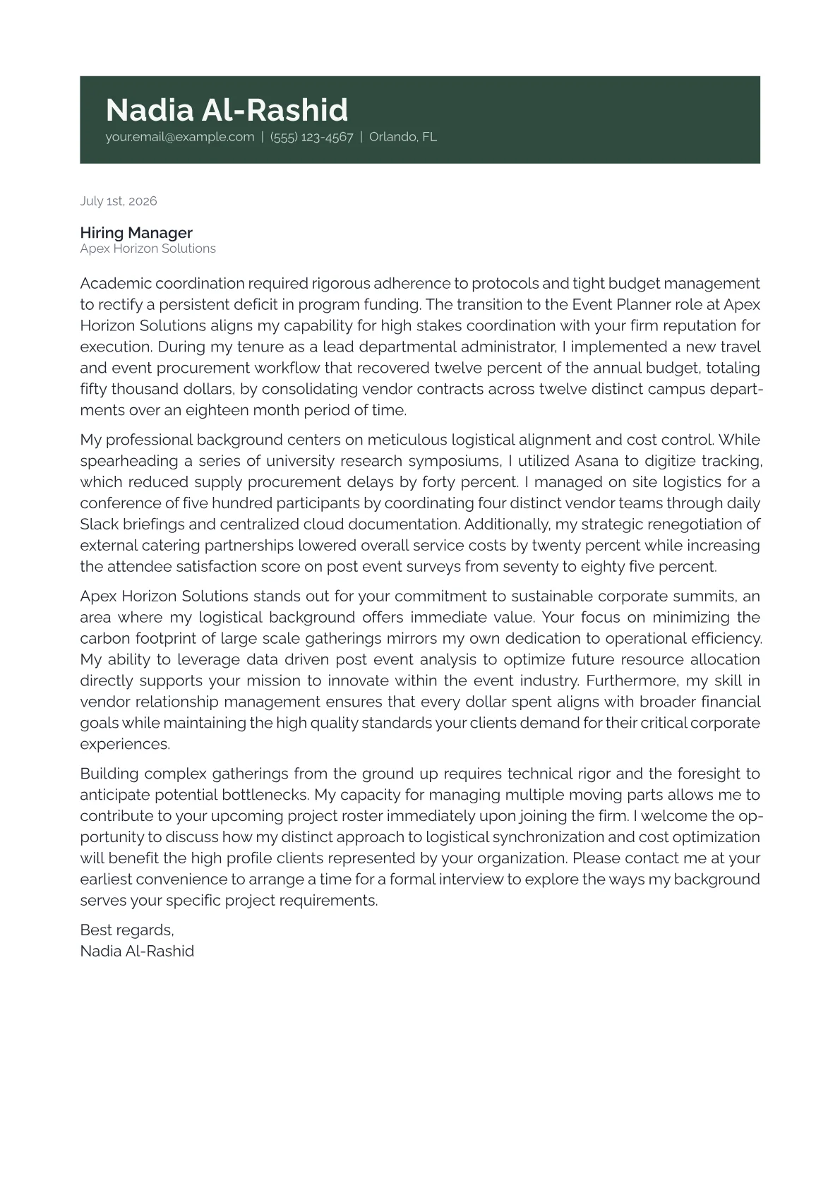 Event Planner cover letter in the Banner design