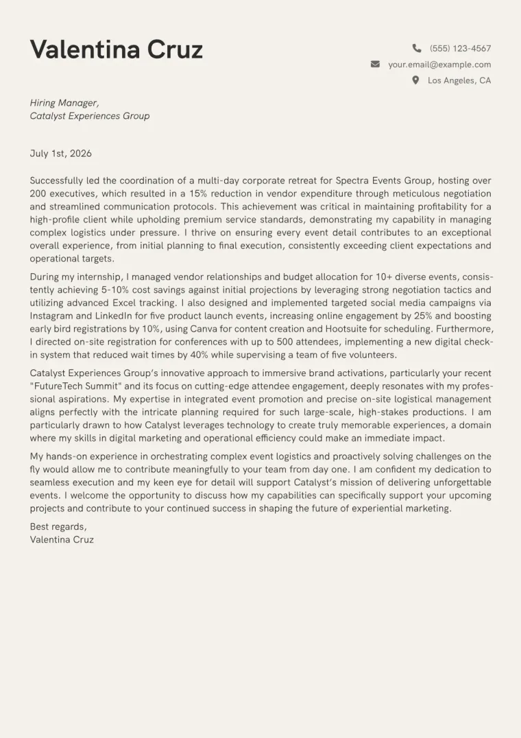 Event Planning Intern cover letter example preview