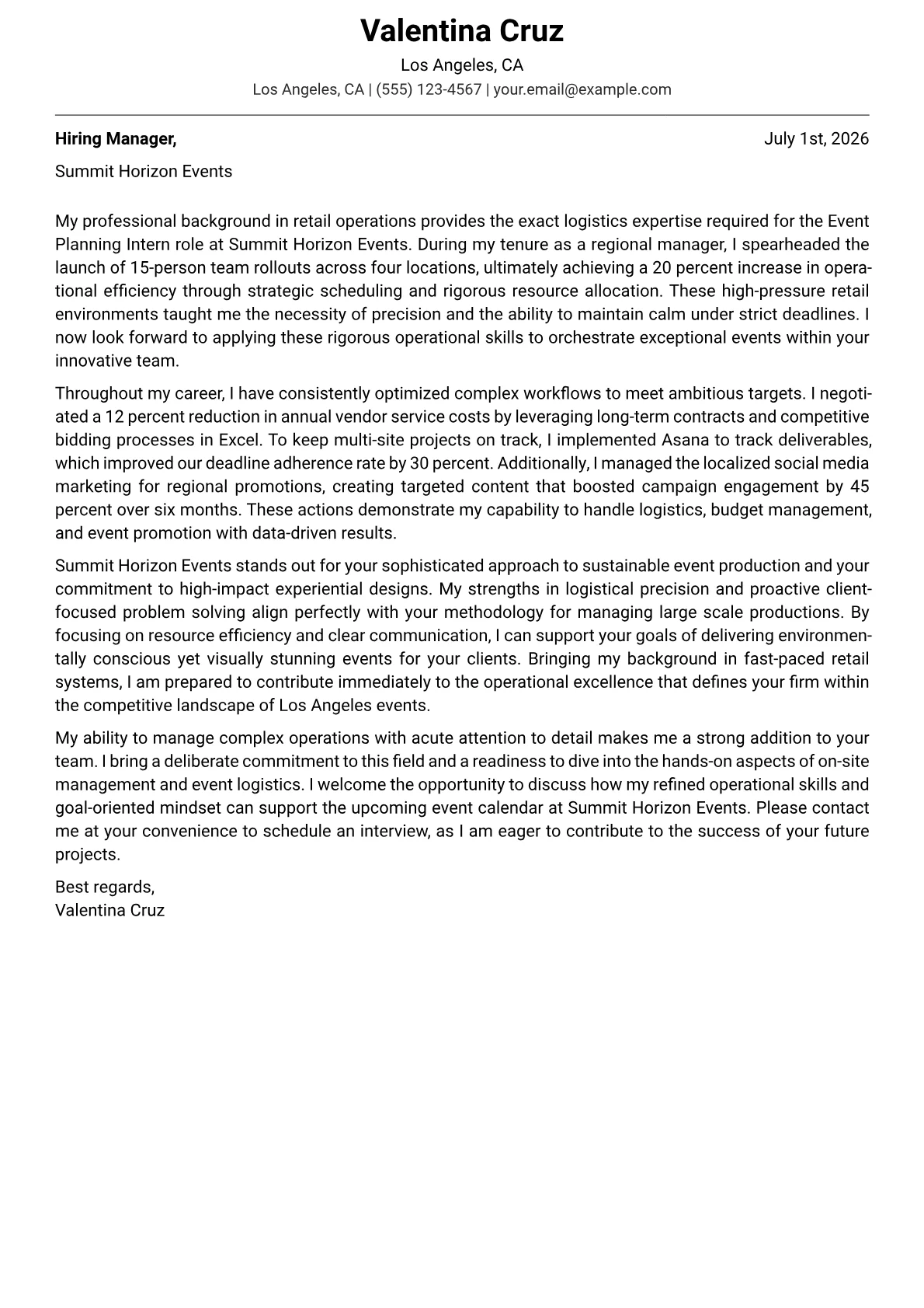 Event Planning Intern cover letter in the Modern design