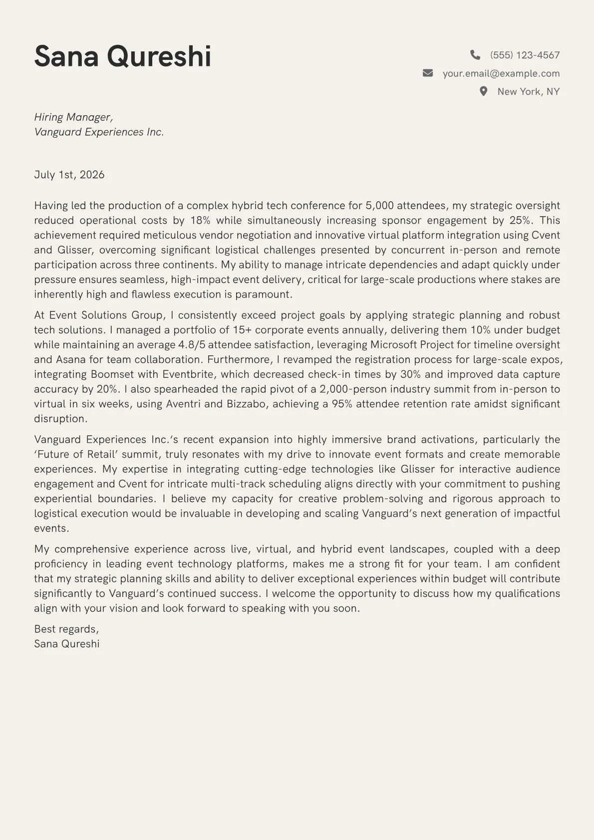 Event Producer cover letter formatted with a JobSprout template