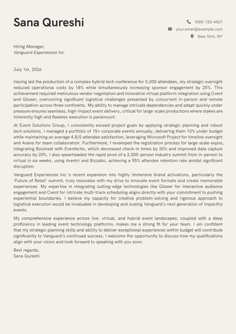 Event Producer Cover Letter Example
