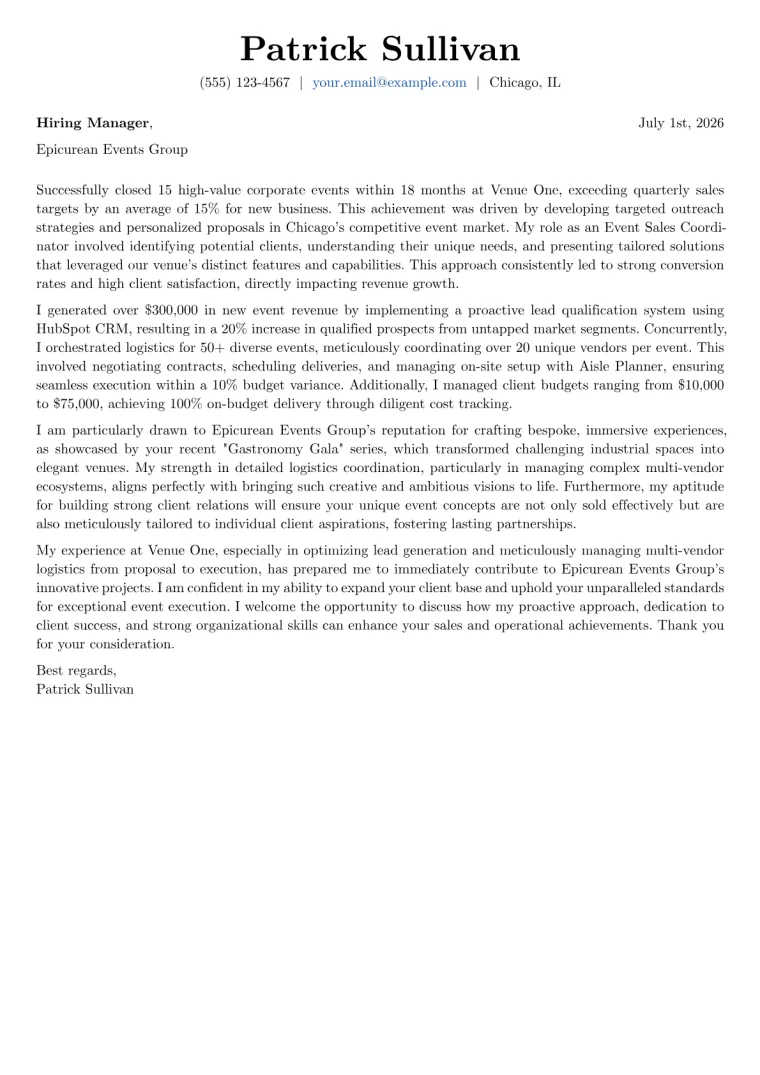 Event Sales Coordinator Cover Letter Example
