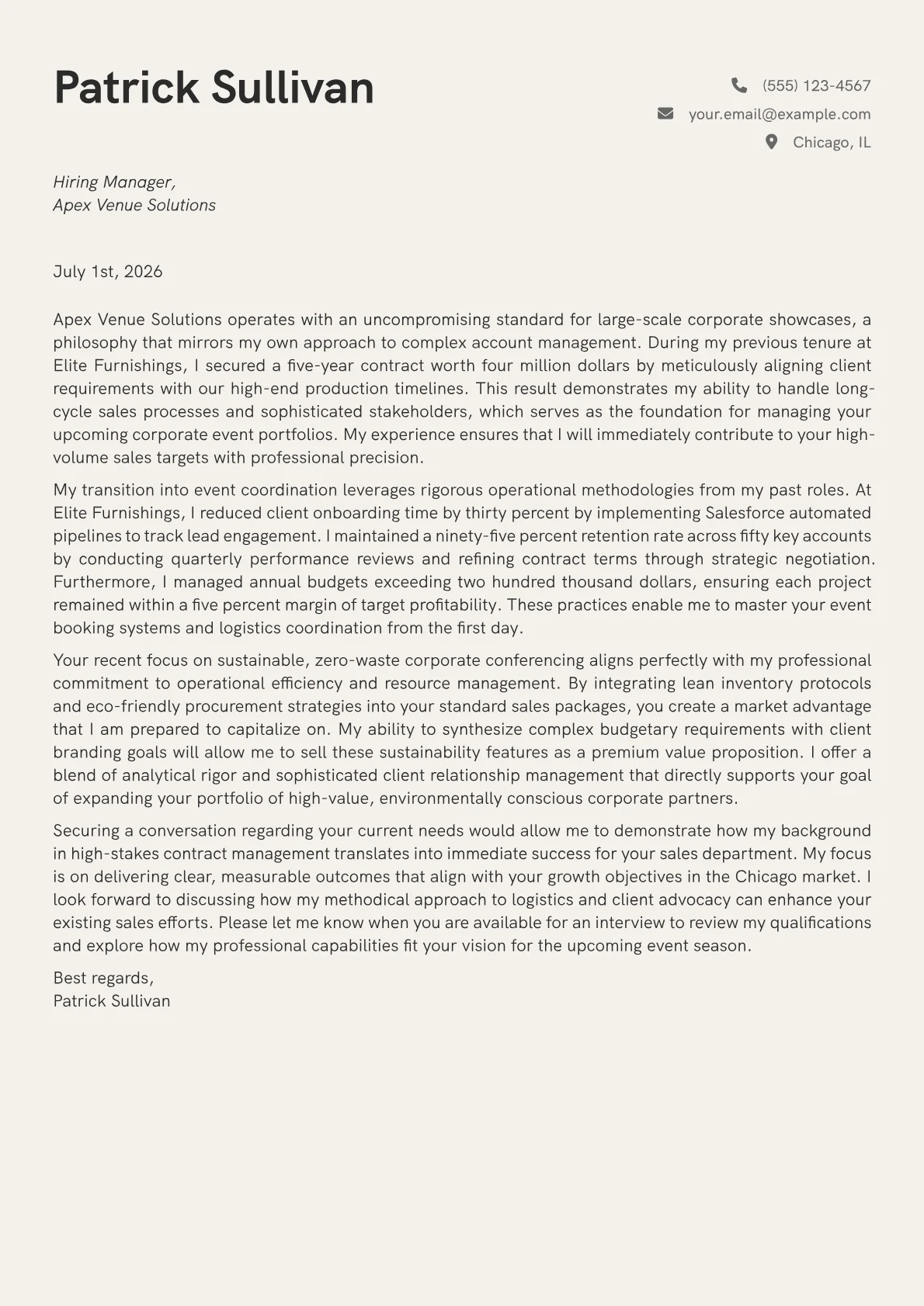 Event Sales Coordinator cover letter in the Creative design