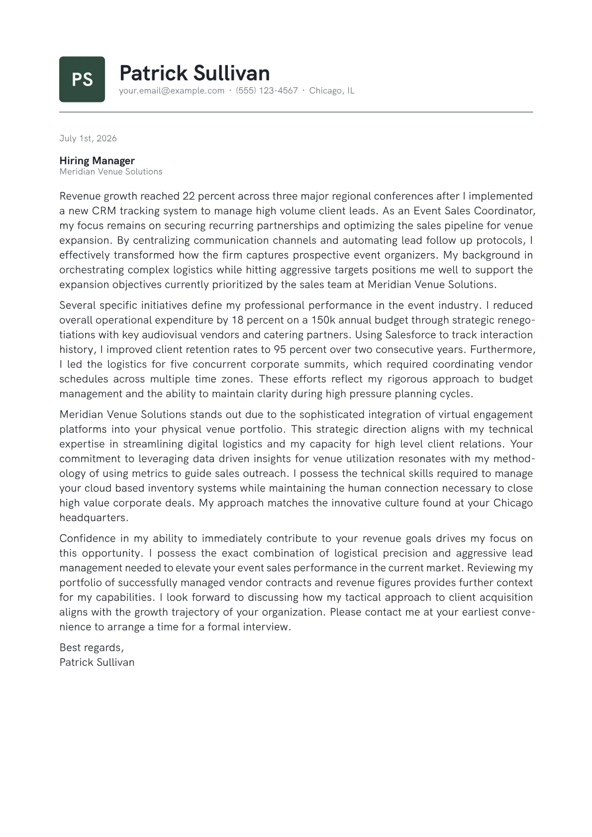 Event Sales Coordinator cover letter in the Emblem design