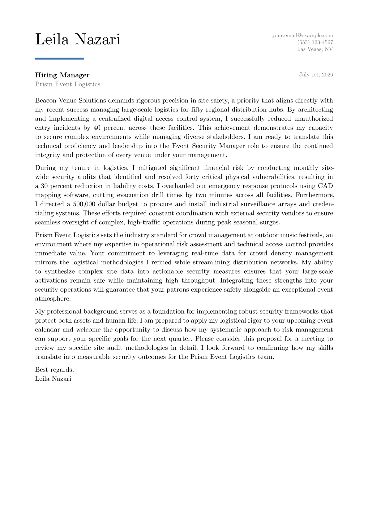 Event Security Manager cover letter in the Executive design