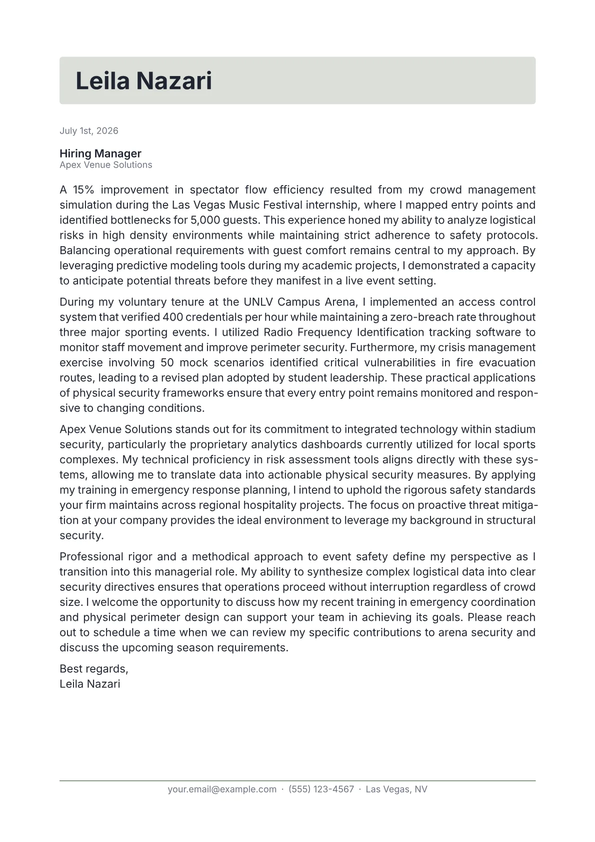 Event Security Manager cover letter in the Letterhead design
