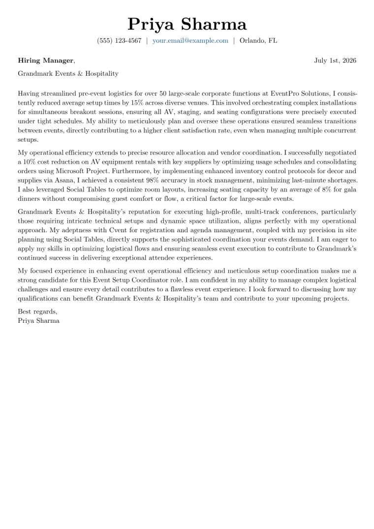 Event Setup Coordinator cover letter example preview