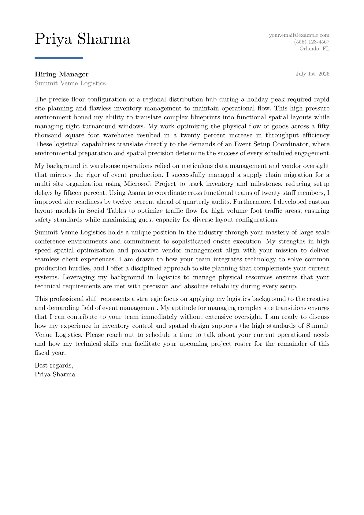 Event Setup Coordinator cover letter in the Executive design