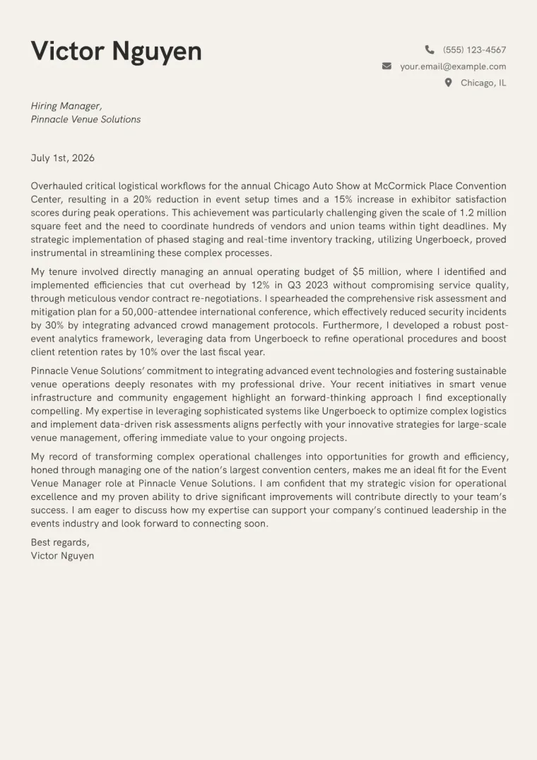 Event Venue Manager cover letter example preview