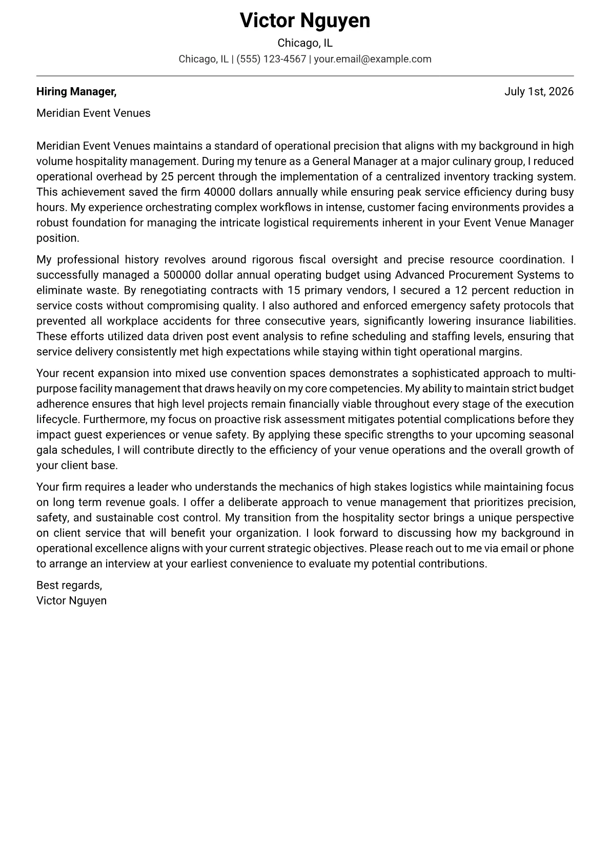 Event Venue Manager cover letter in the Modern design