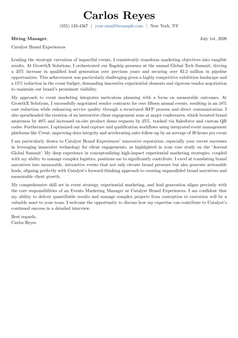 Events Marketing Manager cover letter example