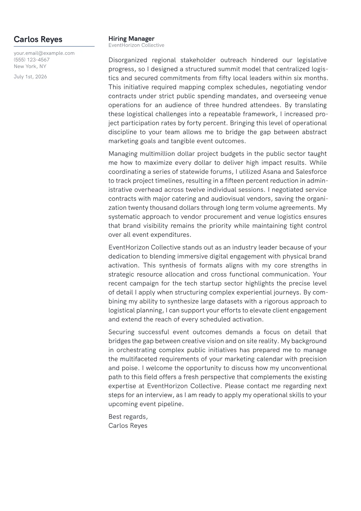 Events Marketing Manager cover letter in the Margin design