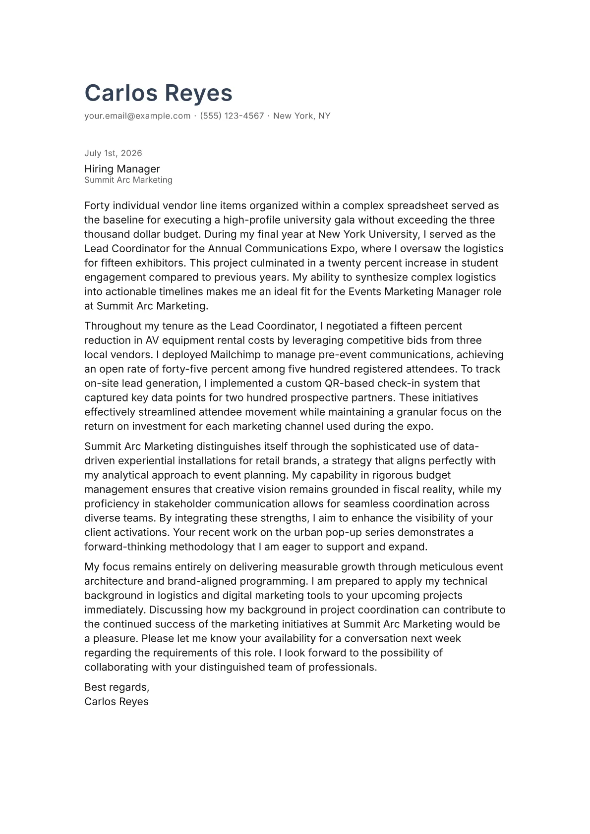 Events Marketing Manager cover letter in the Minimal design