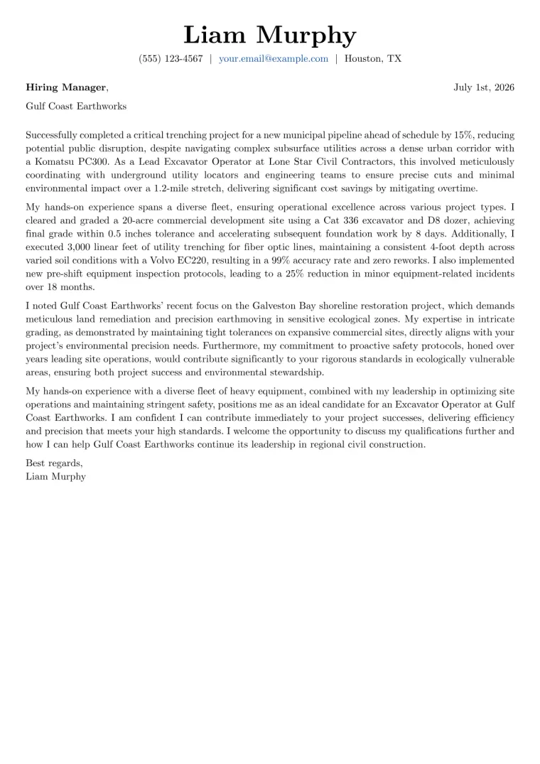 Excavator Operator Cover Letter Example