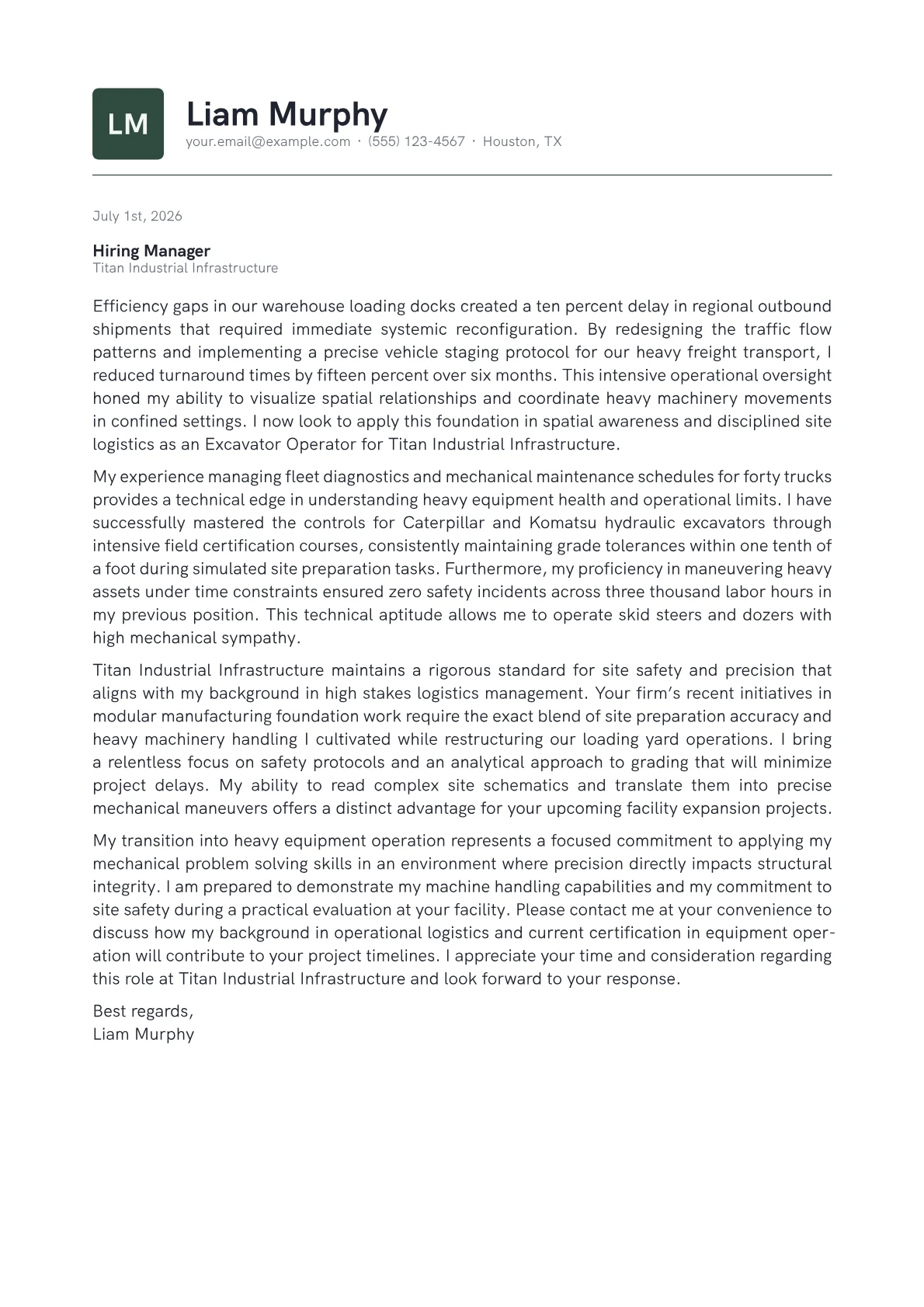Excavator Operator cover letter in the Emblem design