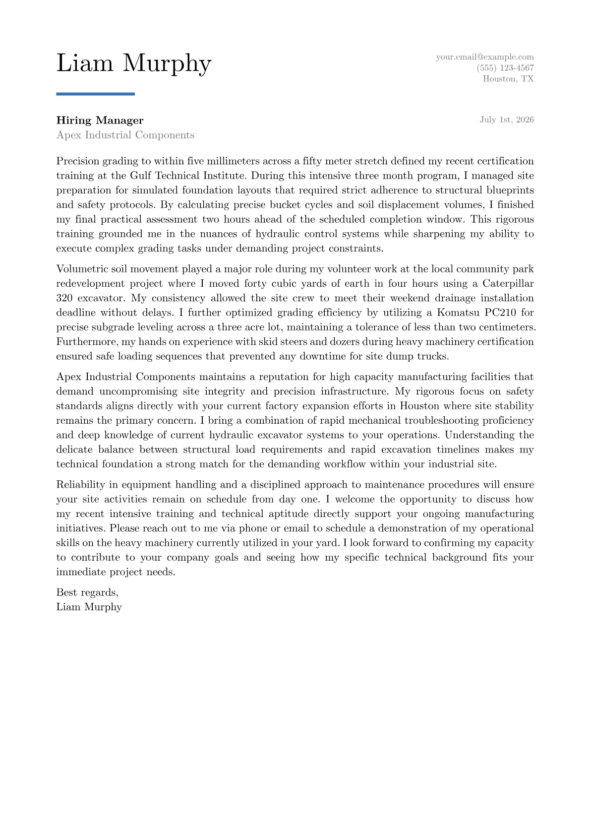 Excavator Operator cover letter in the Executive design