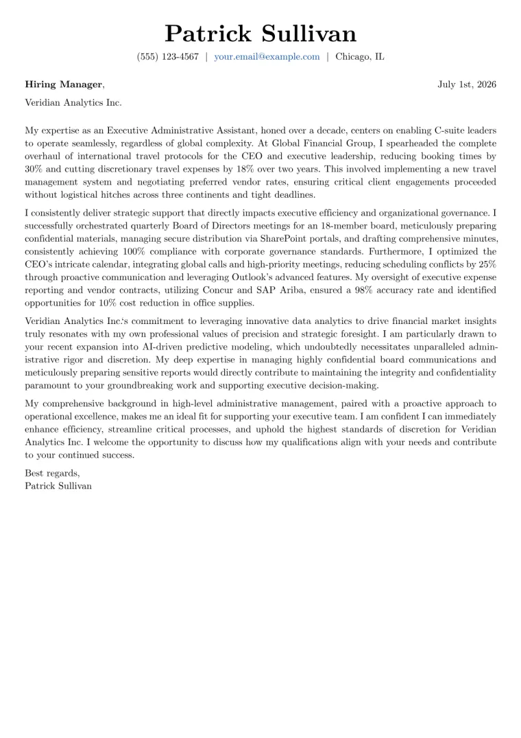 Executive Administrative Assistant cover letter example preview