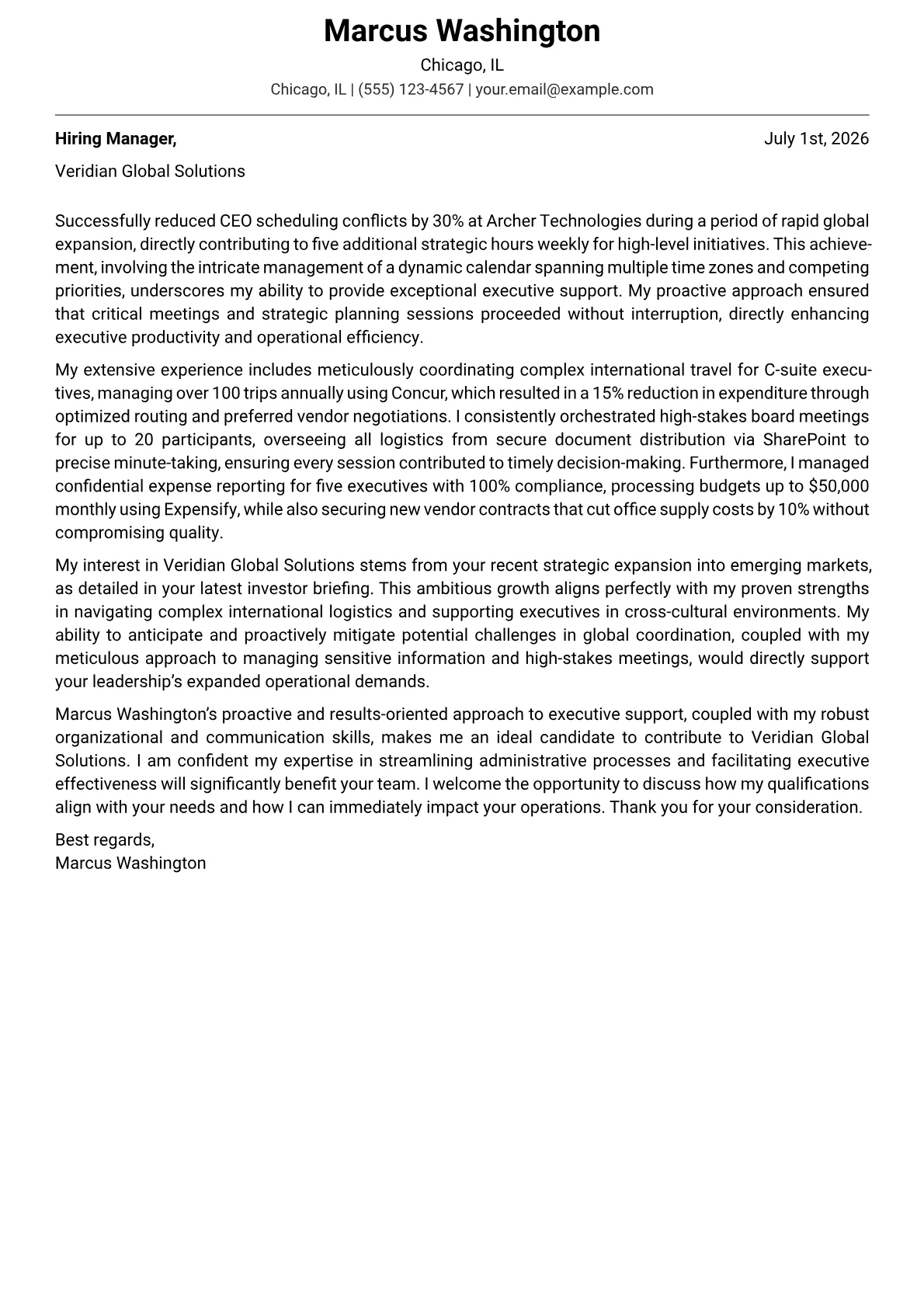 Executive Assistant cover letter formatted with a JobSprout template