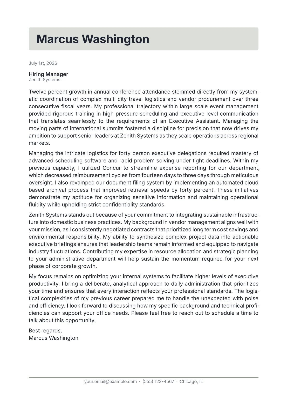 Executive Assistant cover letter in the Letterhead design