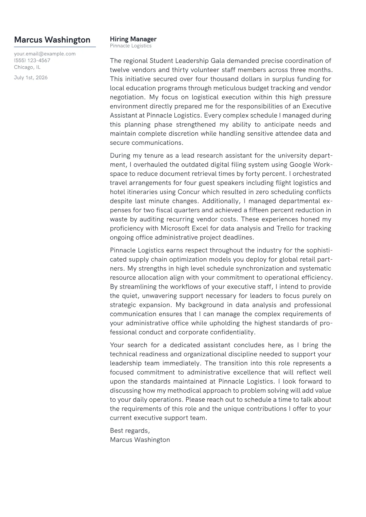 Executive Assistant cover letter in the Margin design