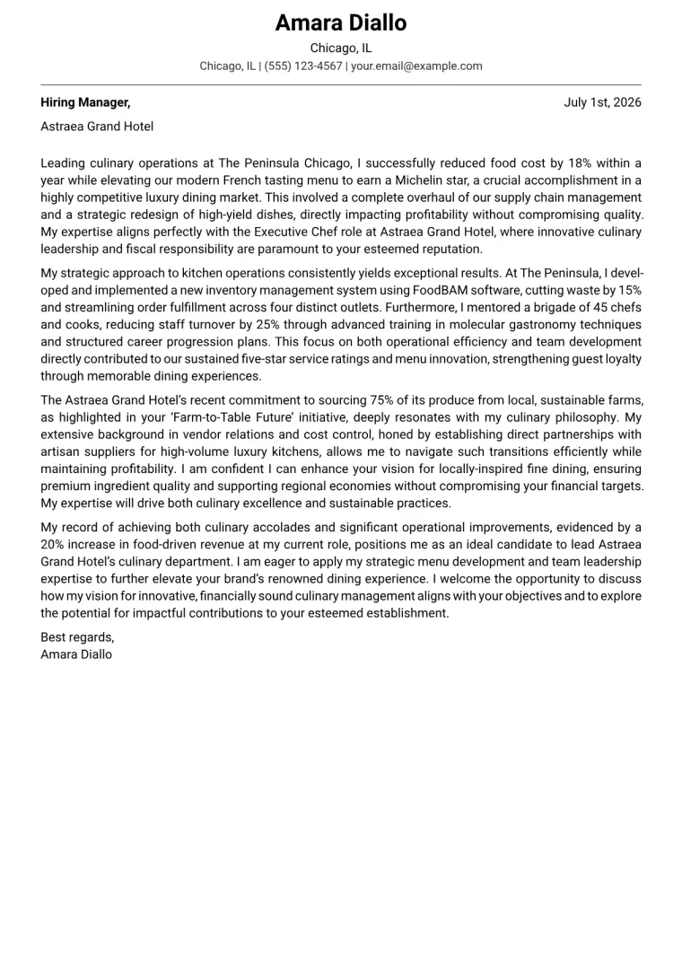 Executive Chef Cover Letter Example