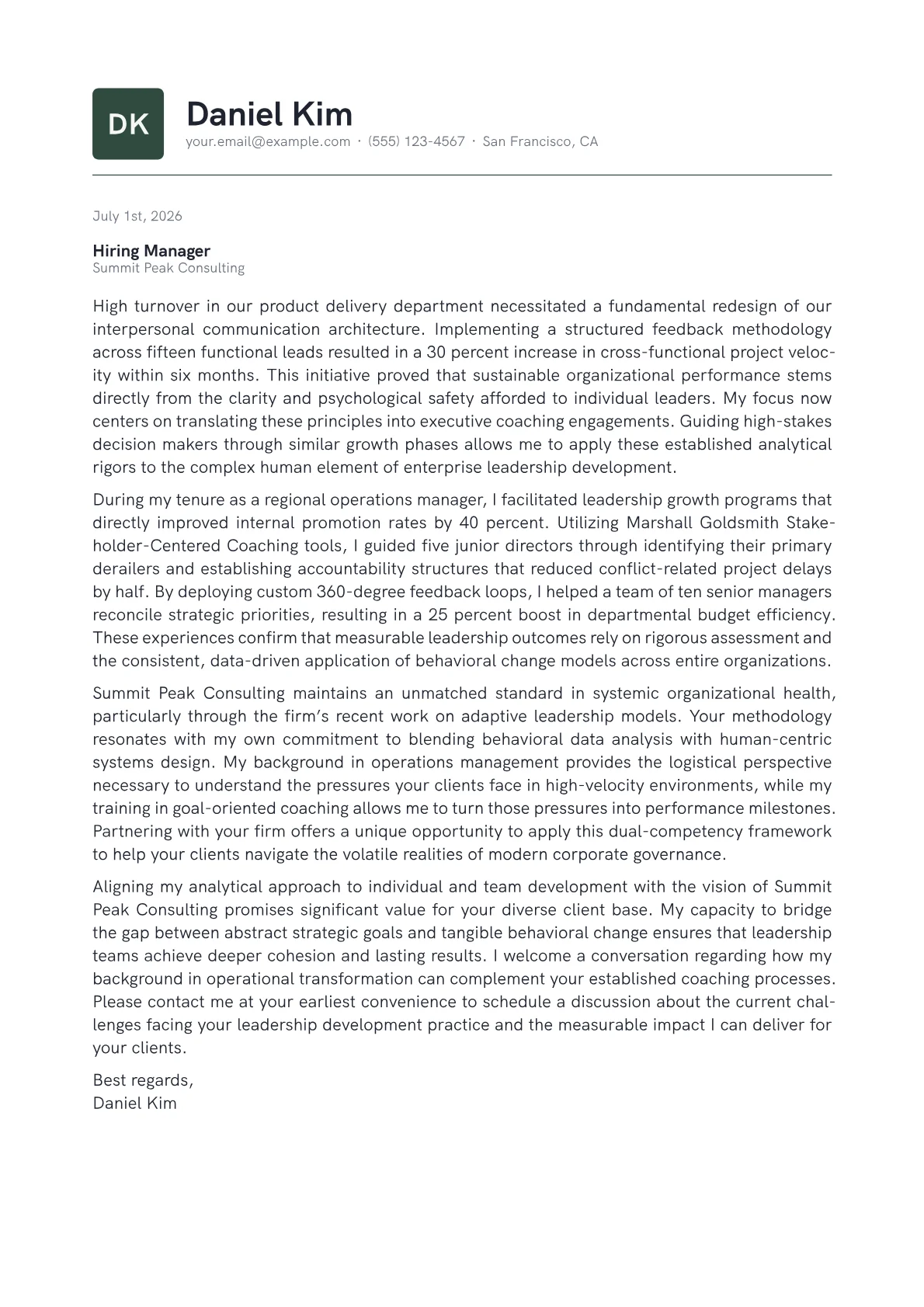 Executive Coach cover letter in the Emblem design