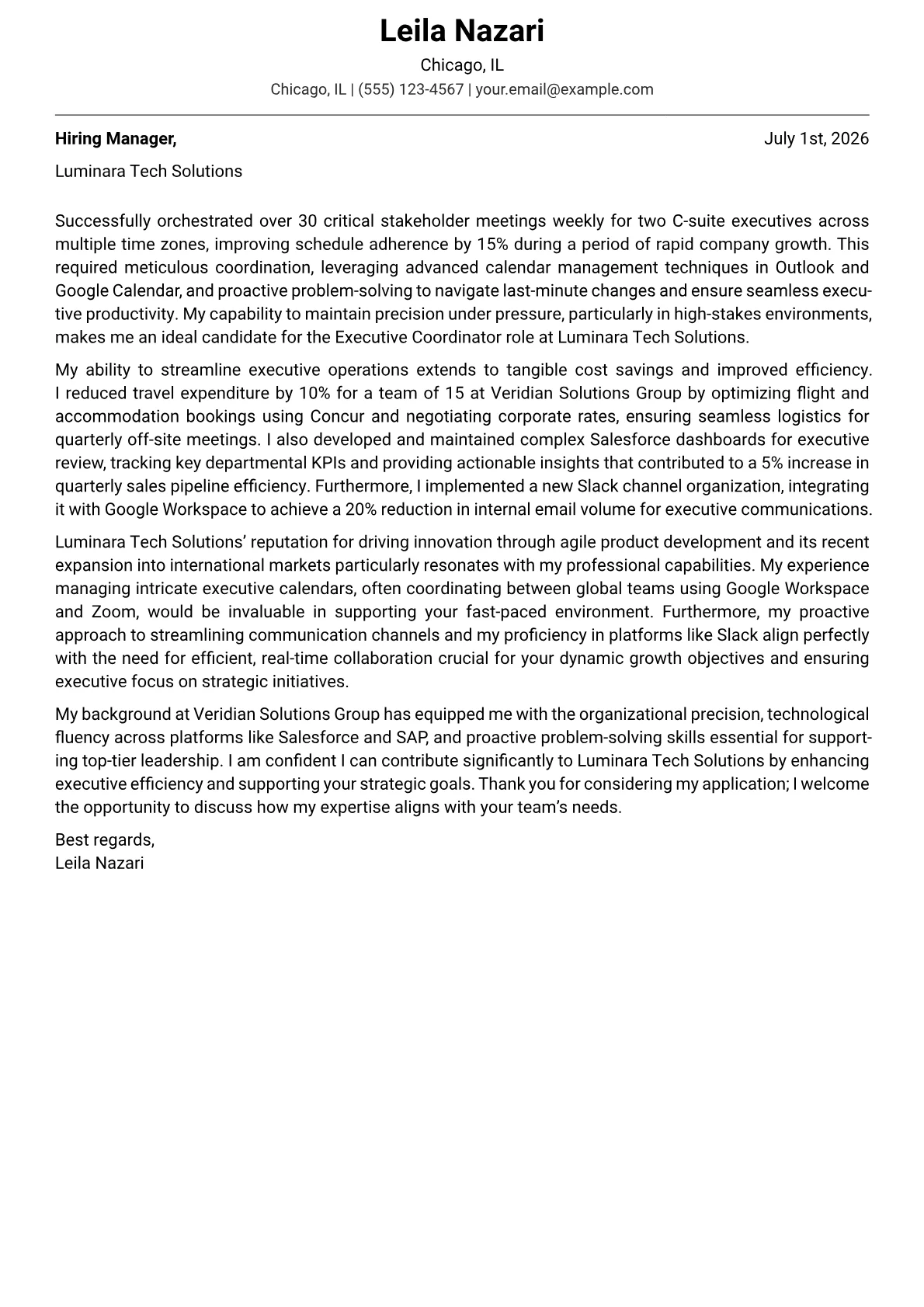 Executive Coordinator cover letter formatted with a JobSprout template