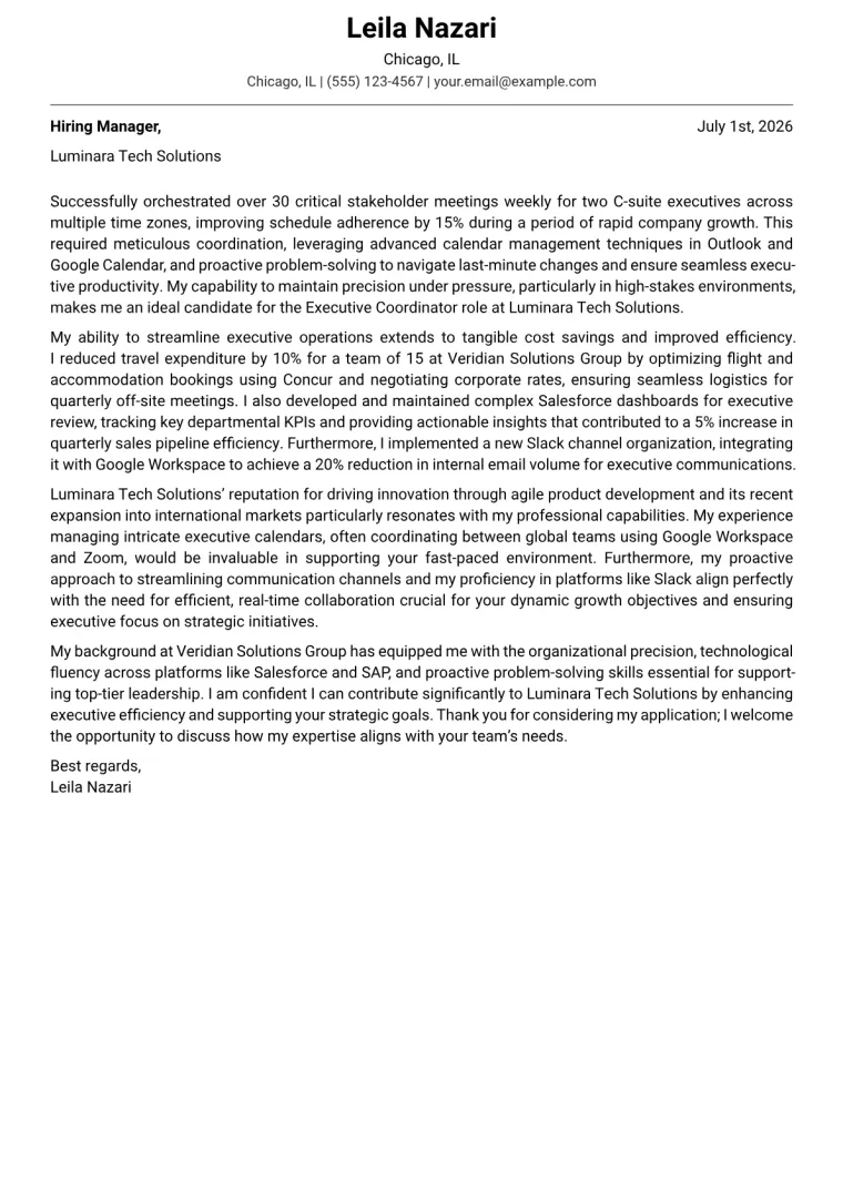 Executive Coordinator Cover Letter Example