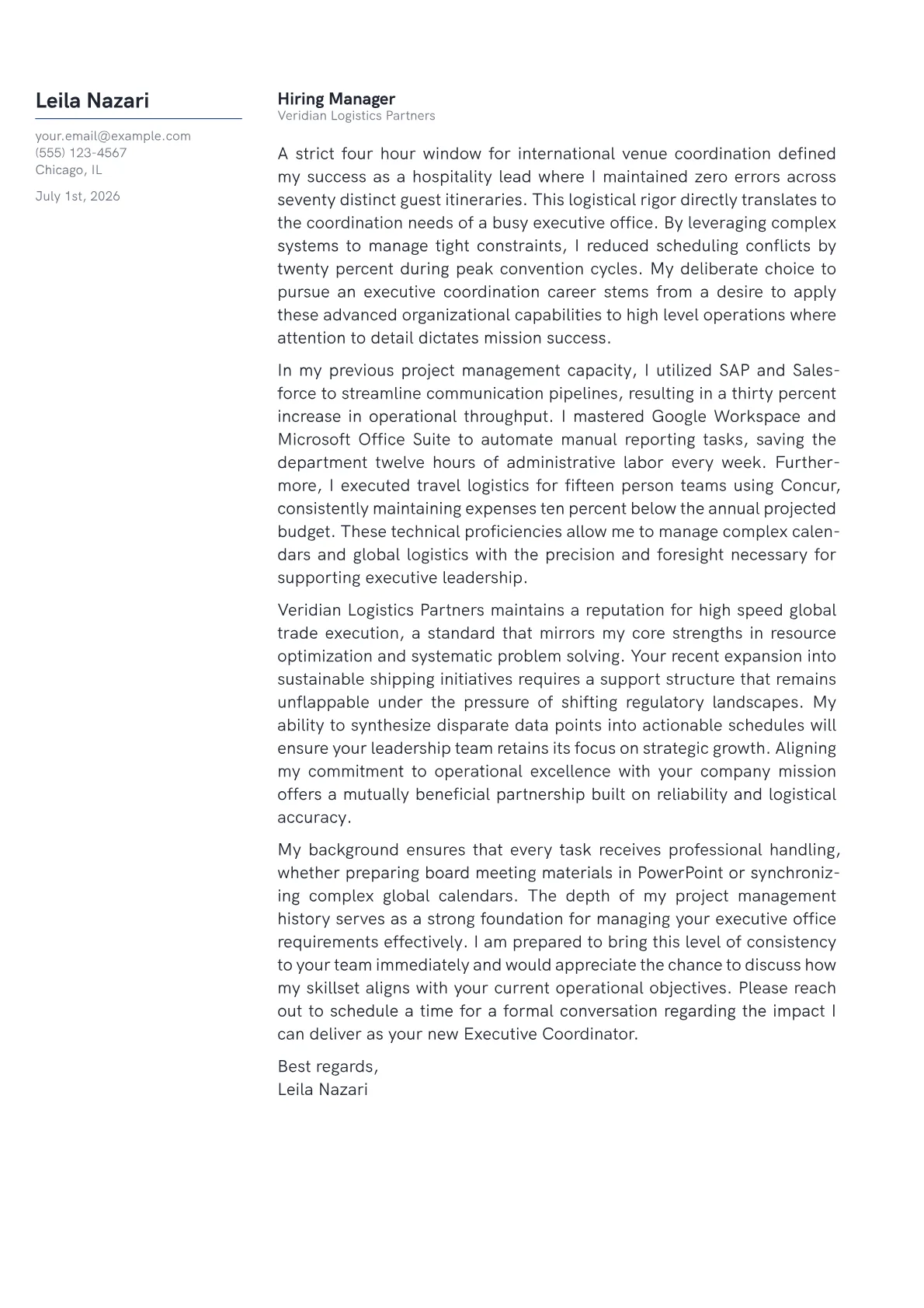 Executive Coordinator cover letter in the Margin design