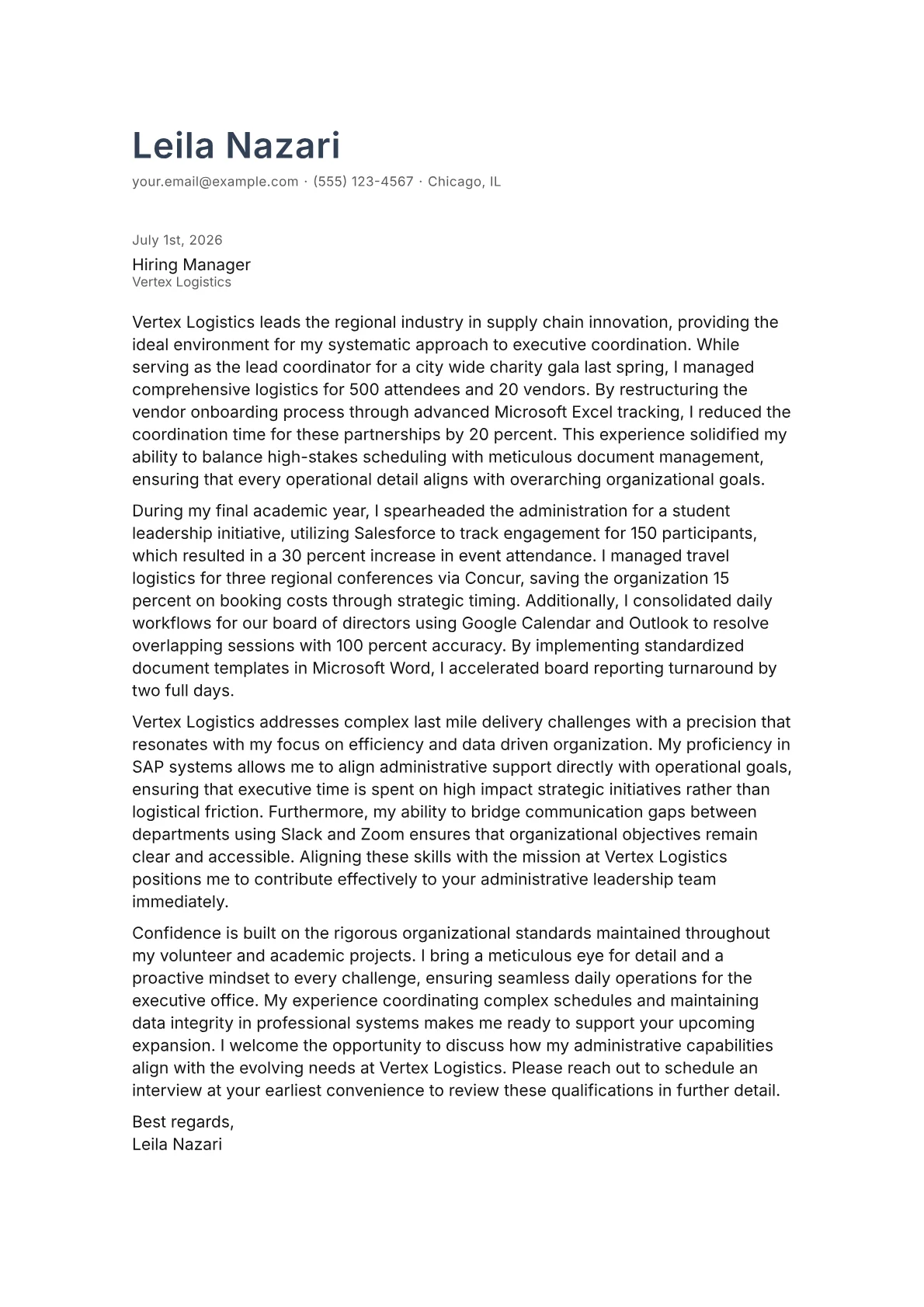 Executive Coordinator cover letter in the Minimal design
