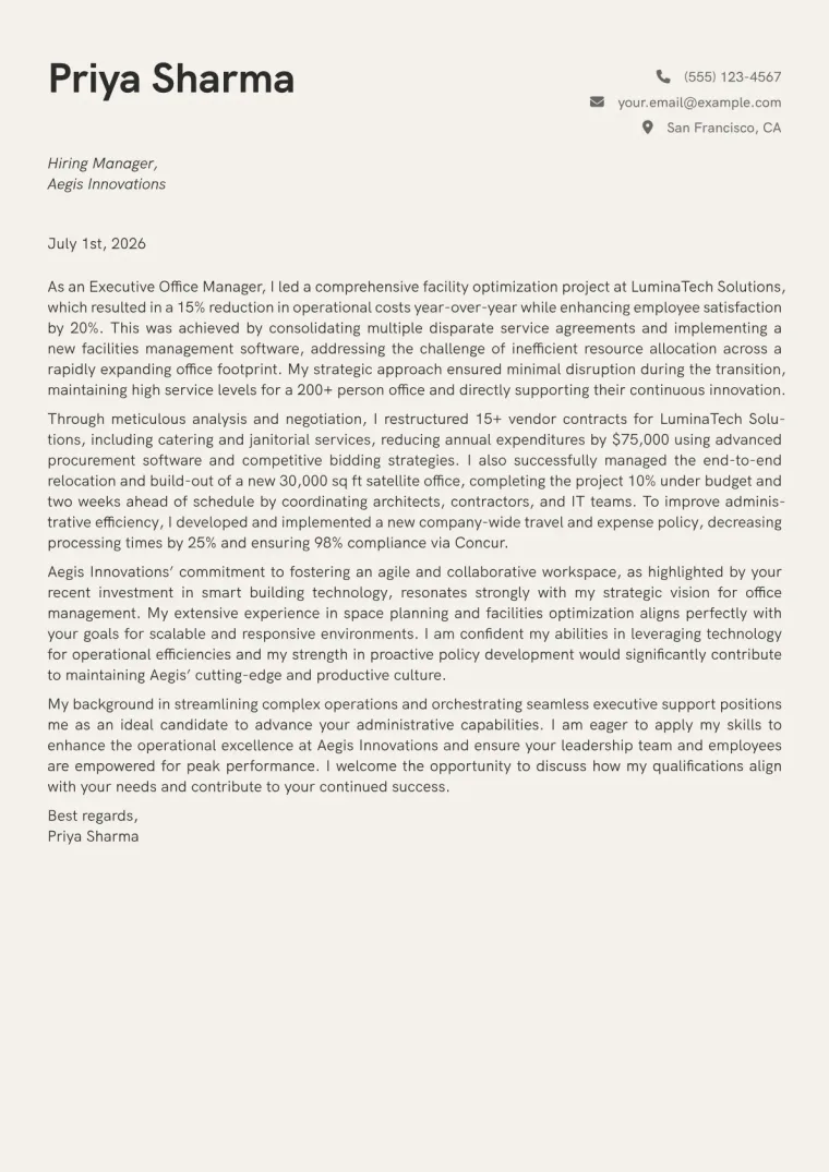 Executive Office Manager cover letter example preview