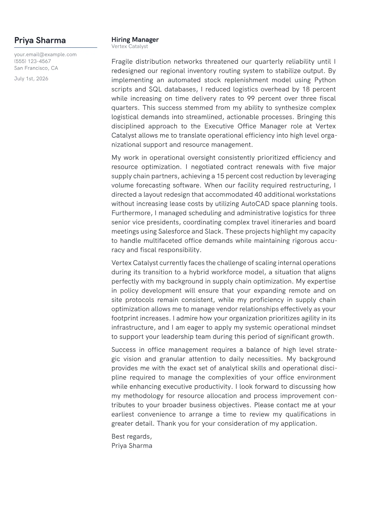 Executive Office Manager cover letter in the Margin design