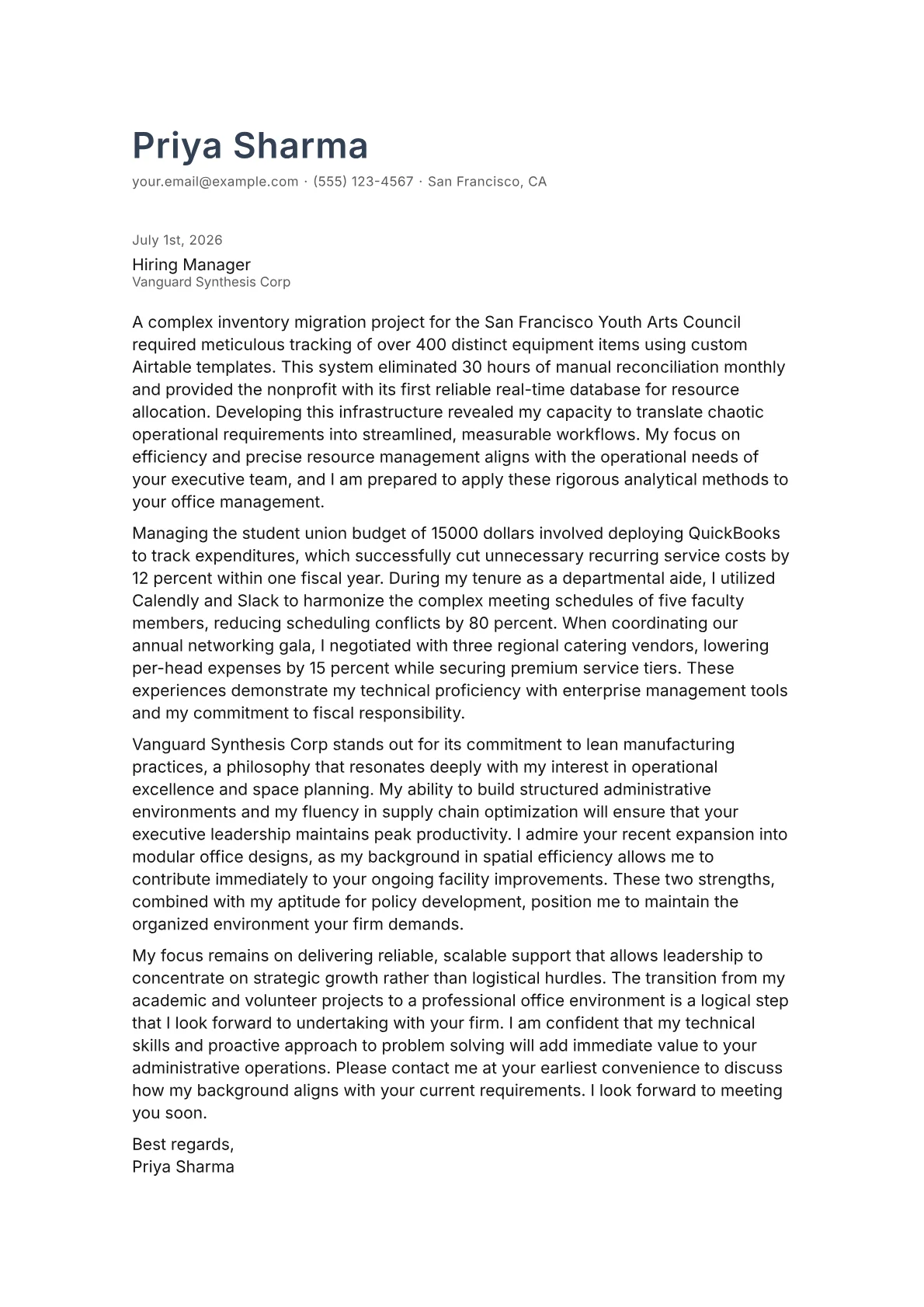Executive Office Manager cover letter in the Minimal design