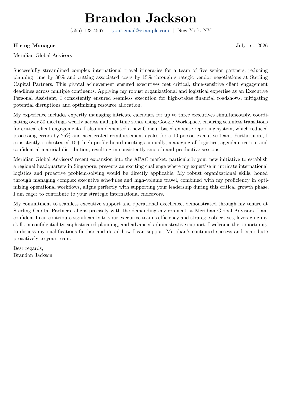 Executive Personal Assistant cover letter formatted with a JobSprout template