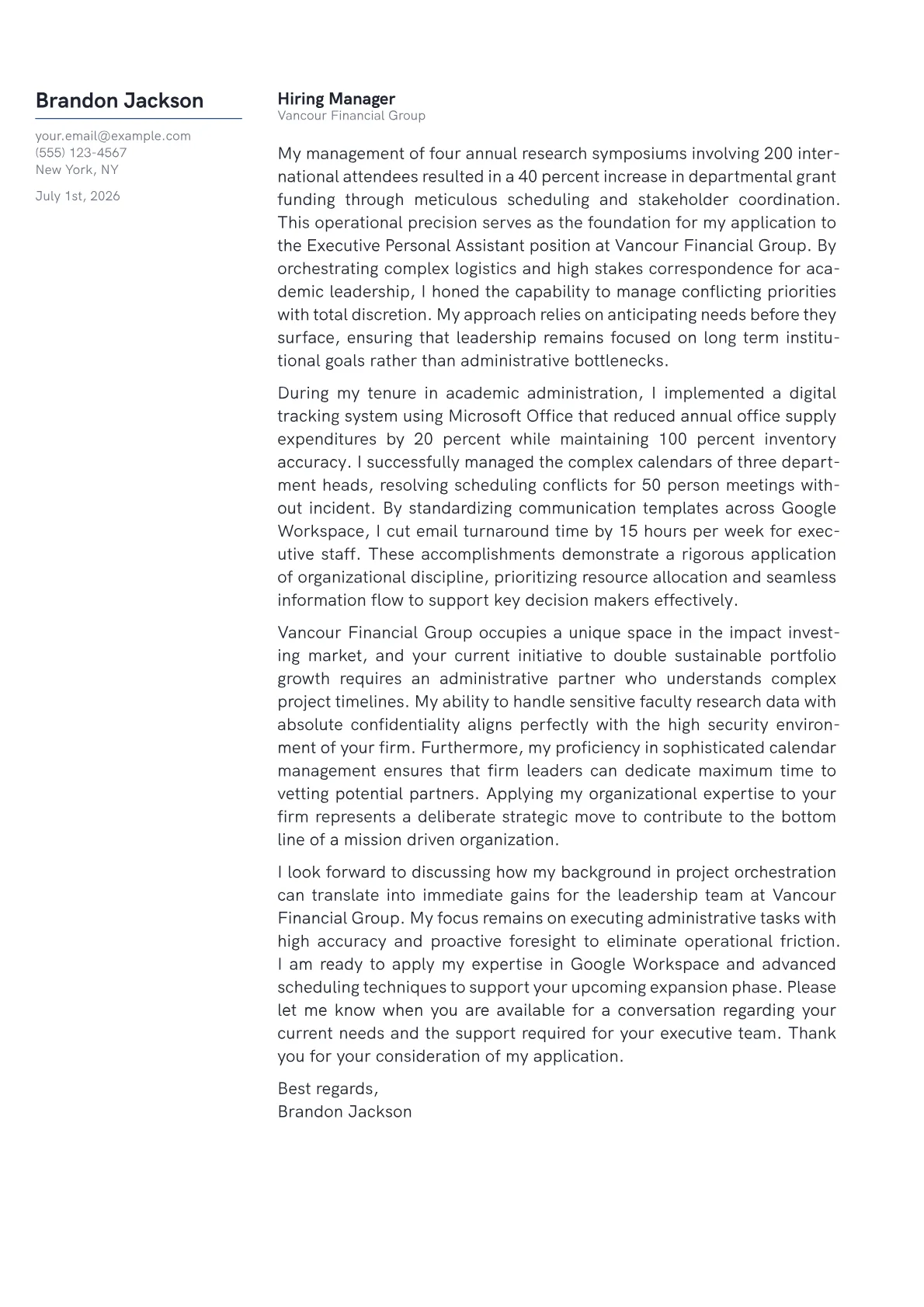 Executive Personal Assistant cover letter in the Margin design